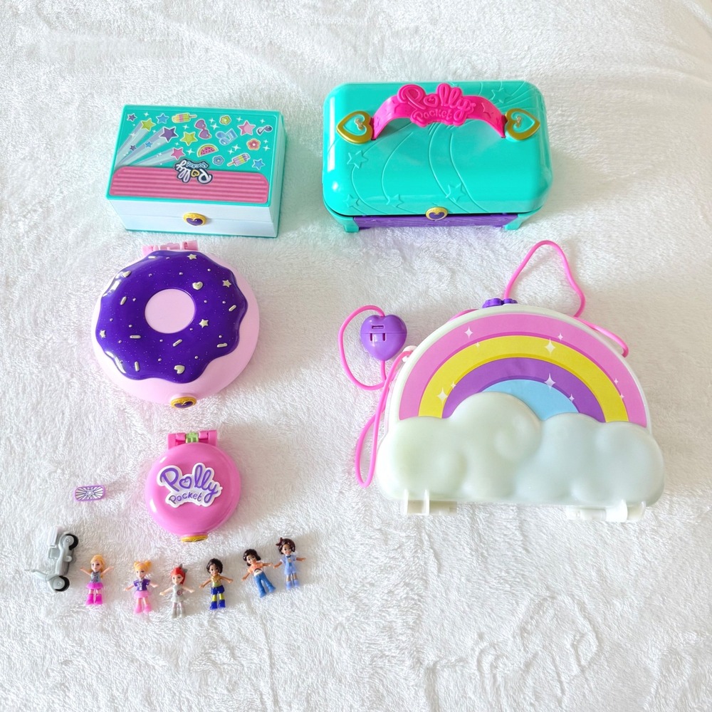 Polly Pocket Lot 5 Compacts 7 Dolls Accessories Mattel Rainbow Purse Playset